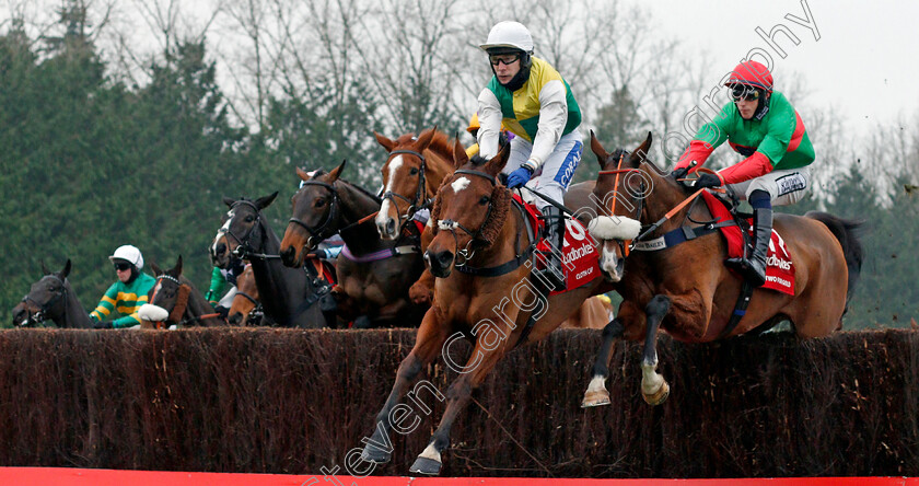 Cloth-Cap-0001 
 CLOTH CAP (centre, Tom Scudamore) with TWO FOR GOLD (right) at the first fence in The Ladbrokes Trophy Chase
Newbury 28 Nov 2020 - Pic Steven Cargill / Racingfotos.com