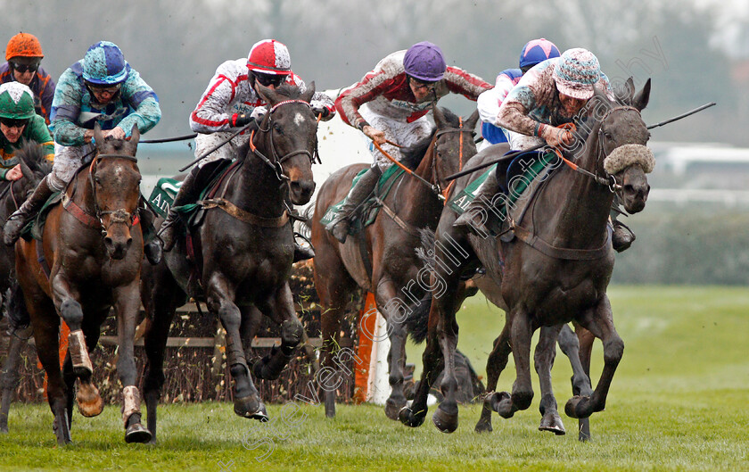 Jester-Jet-0002 
 JESTER JET (right, Robert Dunne) beats WHO DARES WINS (centre) and EATON HILL (left) in The Alder Hey Children's Charity Handicap Hurdle Aintree 13 Apr 2018 - Pic Steven Cargill / Racingfotos.com