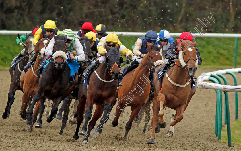 Unforgiving-Minute-0004 
 UNFORGIVING MINUTE (left, Adam Kirby) beats YEEOOW (centre) and FULLON CLARETS (right) in The Play Jackpot Games At sunbets.co.uk/vegas Claiming Stakes Lingfield 21 Nov 2017 - Pic Steven Cargill / Racingfotos.com