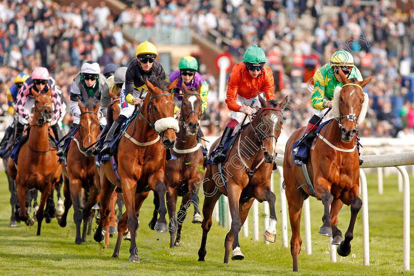 Waiting-For-Richie-0004 
 winner WAITING FOR RICHIE (2nd right, James Sullivan) tracks the leader CRAY (right) with DENMEAD (left) during The Investec Wealth Handicap York 17 May 2018 - Pic Steven Cargill / Racingfotos.com