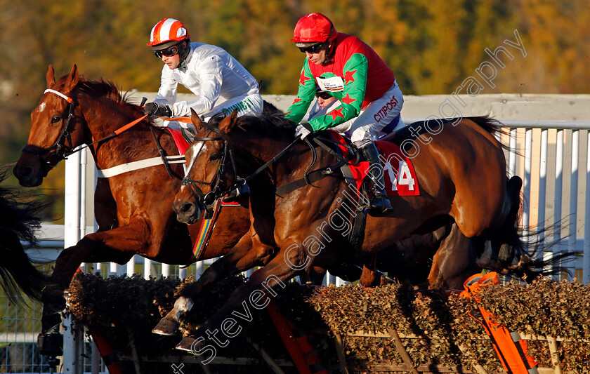 Atlantic-Storm-0001 
 ATLANTIC STORM (nearside, Noel Fehily) jumps with WENYERREADYFREDDIE (farside) Sandown 12 Nov 2017 - Pic Steven Cargill / Racingfotos.com