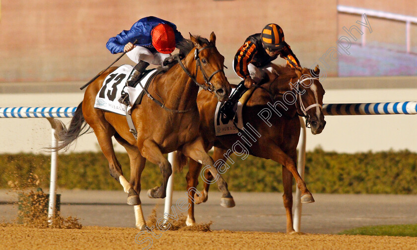 Winter-Lightning-0001 
 WINTER LIGHTNING (left, Pat Cosgrave) beats RAYYA (right) in The UAE 1000 Guineas Trial Meydan 18 Jan 2018 - Pic Steven Cargill / Racingfotos.com