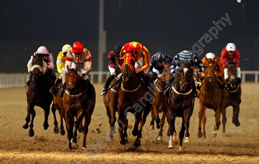 Showdance-Kid-0003 
 SHOWDANCE KID (right, Clifford Lee) beats HARRY BEAU (centre) and PRAZERES (left) in The totescoop6 Rollover This Saturday Handicap Chelmsford 6 Apr 2018 - Pic Steven Cargill / Racingfotos.com