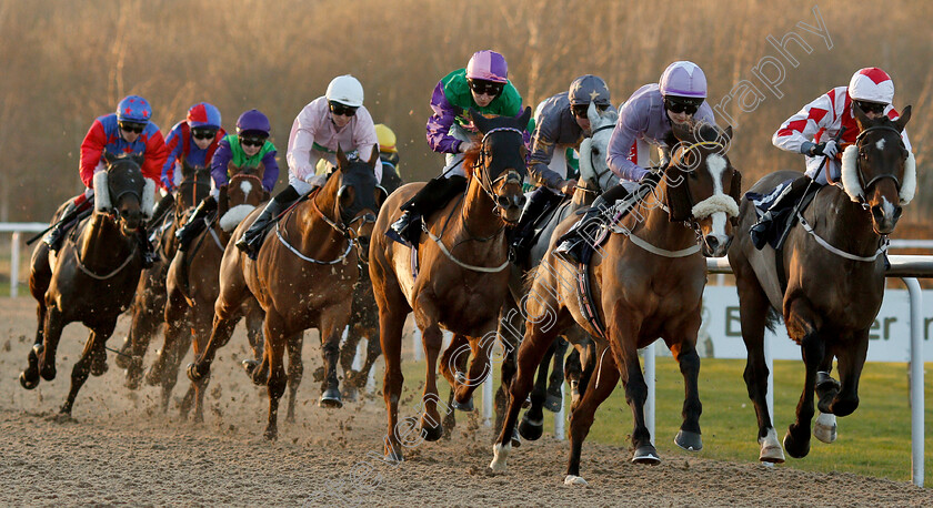 Our-Manekineko-0002 
 OUR MANEKINEKO (white cap left, David Probert) chases the leaders into the straight before winning The Follow Top Tipsters At Sun Racing Handicap from ADVENTUREMAN (right) and LIMERICK LORD (2nd right)
Wolverhampton 26 Feb 2019 - Pic Steven Cargill / Racingfotos.com