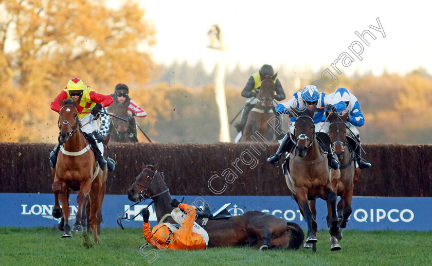 Boothill-0009 
 BOOTHILL (right, Jonathan Burke) wins The Jim Barry Wines Hurst Park Handicap Chase as SAINT SEGAL (David Noonan) falls at the last - all ok.
Ascot 25 Nov 2023 - Pic Steven Cargill / Racingfotos.com