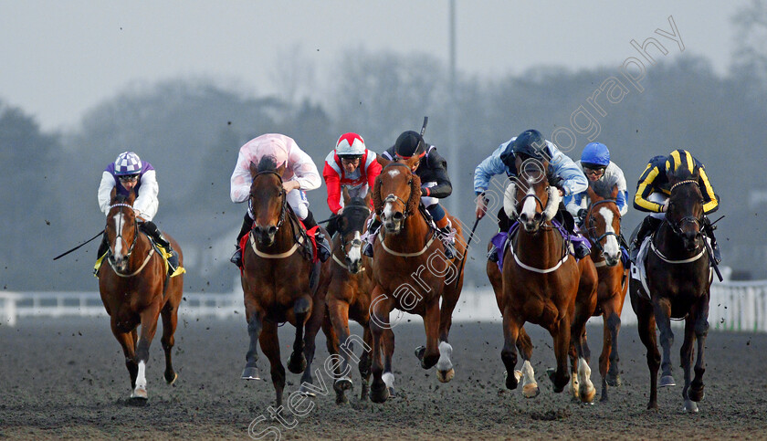 Coverham-0003 
 COVERHAM (2nd right, Luke Morris) beats BOUNTY PURSUIT (2nd left) and FROZEN LAKE (centre) in The 100% Profit Boost At 32Redsport.com Handicap Kempton 11 Apr 2018 - Pic Steven Cargill / Racingfotos.com