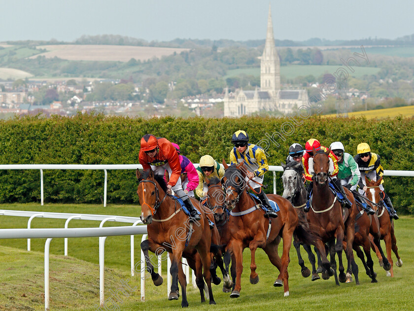 Garcon-De-Soleil-0006 
 GARCON DE SOLEIL (Rob Hornby) leads the field into the straight on his way to winning The Sharp's Doom Bar Handicap Div1 Salisbury 30 Apr 2018 - Pic Steven Cargill / Racingfotos.com