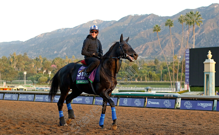 Mostahdaf-0002 
 MOSTAHDAF (Jim Crowley) training for the Breeders' Cup Turf
Santa Anita USA, 1 Nov 2023 - Pic Steven Cargill / Racingfotos.com