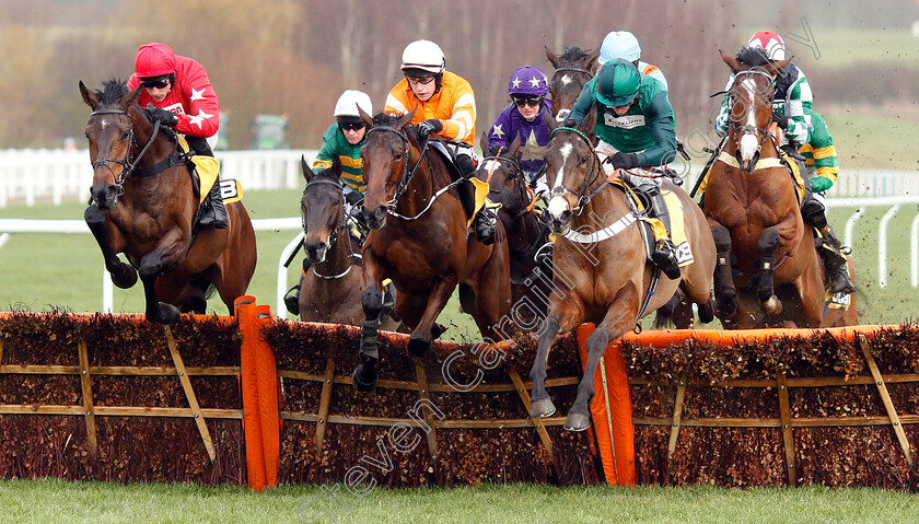 Fakir-D Oudairies-0001 
 FAKIR D'OUDAIRIES (centre, J J Slevin) jumps with PROTEKTORAT (left) and ADJALI (2nd right) in The JCB Triumph Trial Juvenile Hurdle
Cheltenham 26 Jan 2019 - Pic Steven Cargill / Racingfotos.com