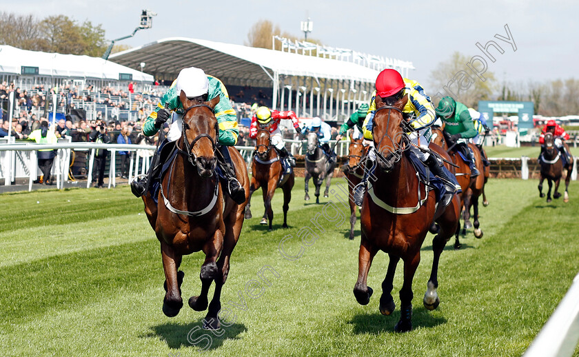 Zenta-0003 
 ZENTA (left, Mark Walsh) beats BO ZENITH (right) in The Jewson Anniversary 4yo Juvenile Hurdle
Aintree 13 Apr 2023 - Pic Steven Cargill / Racingfotos.com