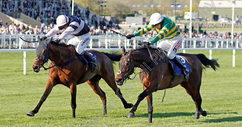 Another-Hero-0003 
 ANOTHER HERO (right, Barry Geraghty) beats SINGLEFARMPAYMENT (left) in The Weatherite Handicap Chase Cheltenham 18 Apr 2018 - Pic Steven Cargill / Racingfotos.com