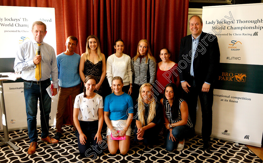 jockeys-0001 
 Jockeys ahead of The Lady Jockeys Thoroughbred World Championship
Back row; L to R, VICTORIA MOTA, MICKAELLE MICHEL, JOSEFIN LANDGREN and STEFANIE KOYUNCU
Front row; L to R, SARA VERMEERSCH, DANIELLE JOHNSON, INA VERONIKA TOVERUD and MARYLINE EON
with Derek Thompson, Per Anders Graberg (2nd left) and Dennis Madsen (right) of Svensk Galopp
Bro Park, Sweden 4 Aug 2018 - Pic Steven Cargill / Racingfotos.com