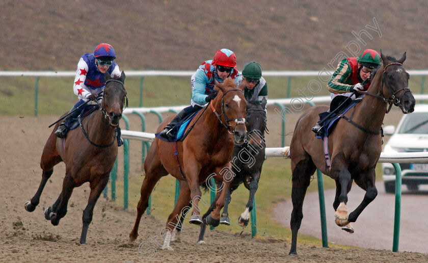 Red-Verdon-0005 
 RED VERDON (centre, Oisin Murphy) beats GREAT HALL (left) and CELESTIAL PATH (right) in The Betway Conditions Stakes Lingfield 14 Feb 2018 - Pic Steven Cargill / Racingfotos.com