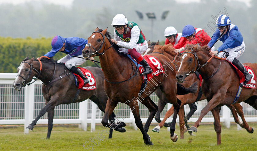 Without-Parole-0004 
 WITHOUT PAROLE (centre, Frankie Dettori) beats GABR (right) and VINTAGER (left) in The Matchbook Is Commission Free Heron Stakes Sandown 24 May 2018 - Pic Steven Cargill / Racingfotos.com