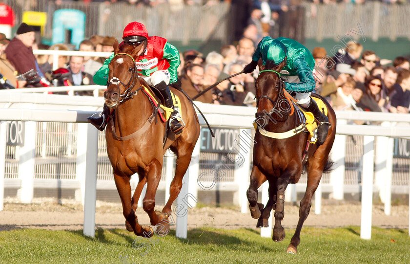 Quel-Destin-0003 
 QUEL DESTIN (left, Harry Cobden) beats CRACKER FACTORY (right) in The JCB Triumph Trial Juvenile Hurdle
Cheltenham 17 Nov 2018 - Pic Steven Cargill / Racingfotos.com