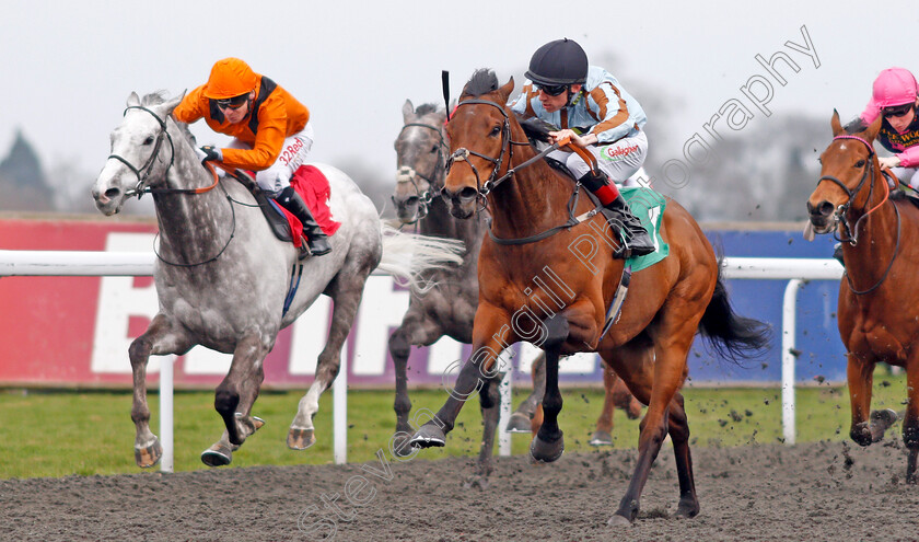 Cayirli-0002 
 CAYIRLI (Shane Kelly) beats CURBYOURENTHUSIASM (left) in The Betfred Watch Sky Sports In Our Shops Queen's Prize Handicap Kempton 7 Apr 2018 - Pic Steven Cargill / Racingfotos.com