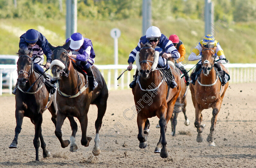 Monaadhil-0001 
 MONAADHIL (right, James Sullivan) beats THE CHARMER (2nd left) and CAPE CORNWALL ROSE (left) in The Save My Soul Classified Stakes
Chelmsford 7 Jun 2022 - Pic Steven Cargill / Racingfotos.com