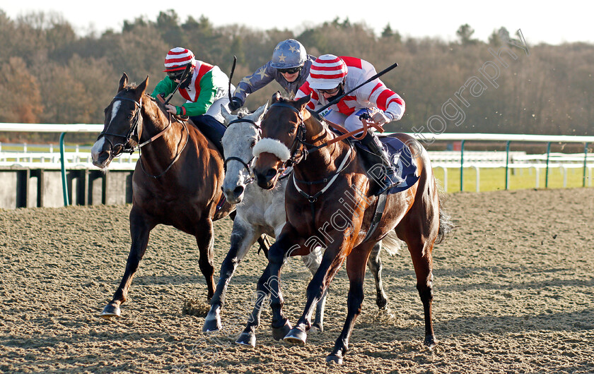 Aberama-Gold-0005 
 ABERAMA GOLD (right, Shane Gray) beats BRIAN THE SNAIL (centre) and LOMU (left) in The Heed Your Hunch At Betway Handicap
Lingfield 19 Dec 2020 - Pic Steven Cargill / Racingfotos.com