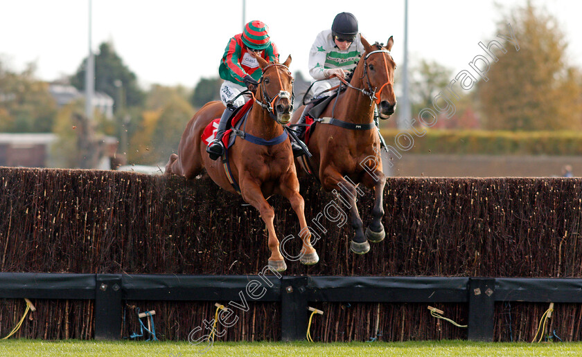 Exitas-0002 
 EXITAS (right, Conor Shoemark) beats VOLT FACE (left) in The Matchbook Betting Podcast Novices Handicap Chase Kempton 22 oct 2017 - Pic Steven Cargill / Racingfotos.com