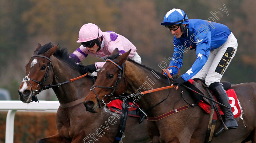 Stay-Away-Fay-0006 
 STAY AWAY FAY (left, Harry Cobden) beats GIOVINCO (right) in The Betfair Esher Novices Chase
Sandown 8 Dec 2023 - pic Steven Cargill / Racingfotos.com