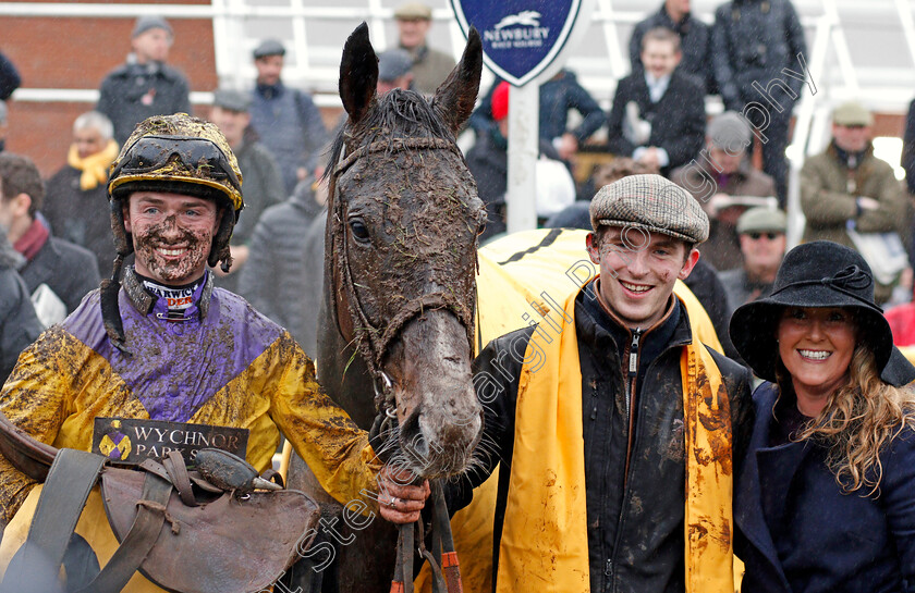 Kalashnikov-0008 
 KALASHNIKOV (Jack Quinlan) with trainer Amy Murphy after The Betfair Handicap Hurdle Newbury 10 Feb 2018 - Pic Steven Cargill / Racingfotos.com