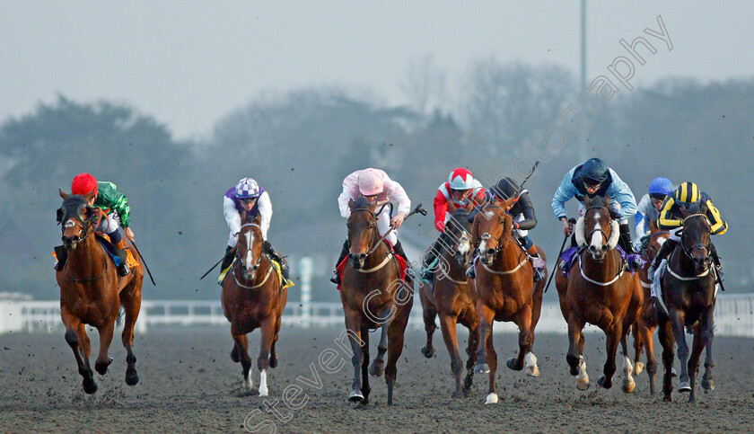 Coverham-0001 
 COVERHAM (2nd right, Luke Morris) beats BOUNTY PURSUIT (centre) FROZEN LAKE (3rd right) and SCREAMING GEMINI (left) in The 100% Profit Boost At 32Redsport.com Handicap Kempton 11 Apr 2018 - Pic Steven Cargill / Racingfotos.com