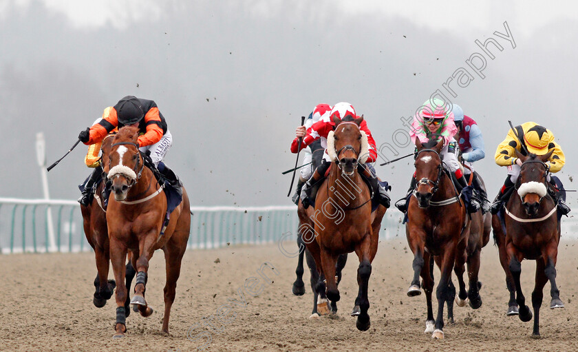 Complicit-0002 
 COMPLICIT (centre, Donagh O'Connor) beats BRIDGE OF SIGHS (left) NO APPROVAL (2nd right) and MASQUERADE BLING (right) in The Play Slots At sunbets.co.uk/vegas Handicap Div2 Lingfield 12 Jan 2018 - Pic Steven Cargill / Racingfotos.com