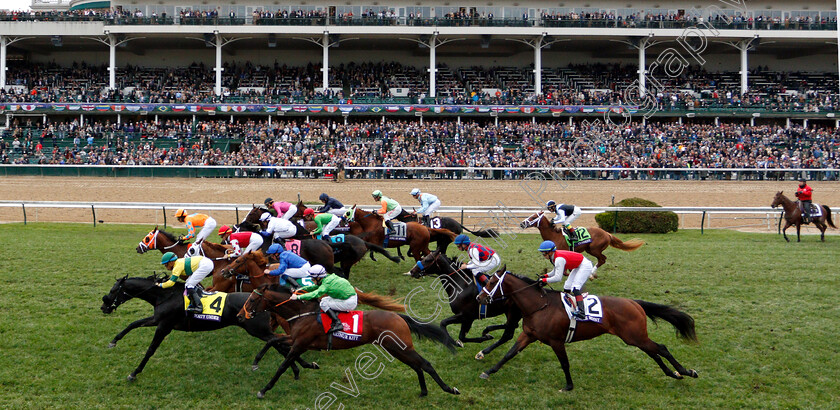 Line-Of-Duty-0011 
 LINE OF DUTY (blue, William Buick) with the field passing the stands during the Breeders' Cup Juvenile Turf
Churchill Downs 2 Nov 2018 - Pic Steven Cargill / Racingfotos.com