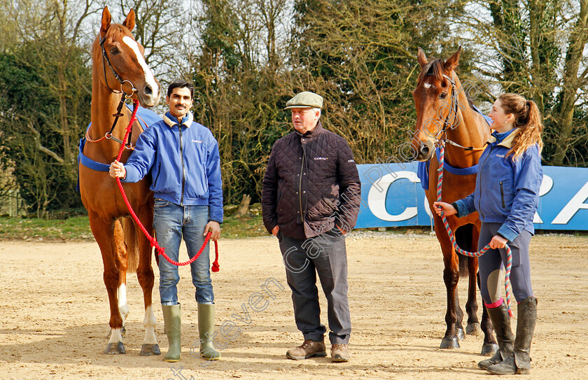 Native-River-and-Cue-Card-0001 
 NATIVE RIVER (left) and CUE CARD (right) with Colin Tizzard at his stables near Sherborne 21 Feb 2018 - Pic Steven Cargill / Racingfotos.com