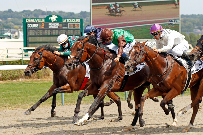 San-Remo-0003 
 SAN REMO (centre, Mickael Barzalona) beats HONOR BERE (right) and RHODE BAY (left) in the Prix De Cosqueville
Deauville 8 Aug 2020 - Pic Steven Cargill / Racingfotos.com