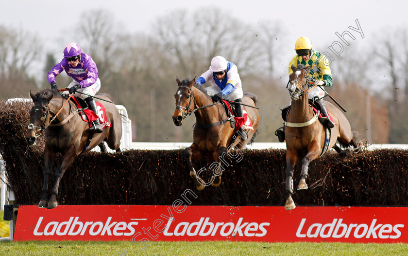 Rubaud-0003 
 RUBAUD (left, Harry Cobden) beats BOOMBAWN (centre) and MARK OF GOLD (right) in The Ladbrokes Pendil Novices Chase
Kempton 22 Feb 2025 - Pi Steven Cargill / Racingfotos.com