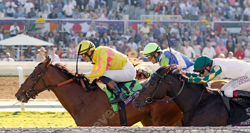 Hard-To-Justify-0004 
 HARD TO JUSTIFY (Flavien Prat) beats PORTA FORTUNA (right) in The Breeders' Cup Juvenile Fillies Turf
Santa Anita 3 Nov 2023 - Pic Steven Cargill / Racingfotos.com