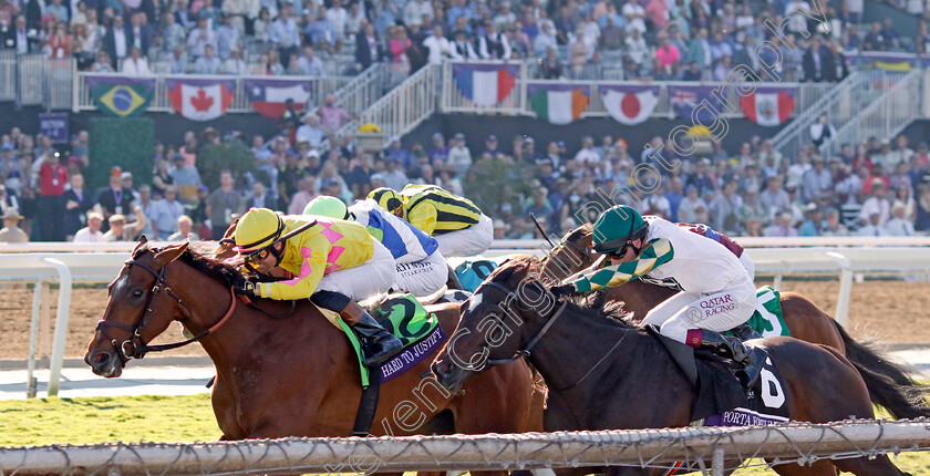 Hard-To-Justify-0005 
 HARD TO JUSTIFY (Flavien Prat) beats PORTA FORTUNA (right) in The Breeders' Cup Juvenile Fillies Turf
Santa Anita 3 Nov 2023 - Pic Steven Cargill / Racingfotos.com