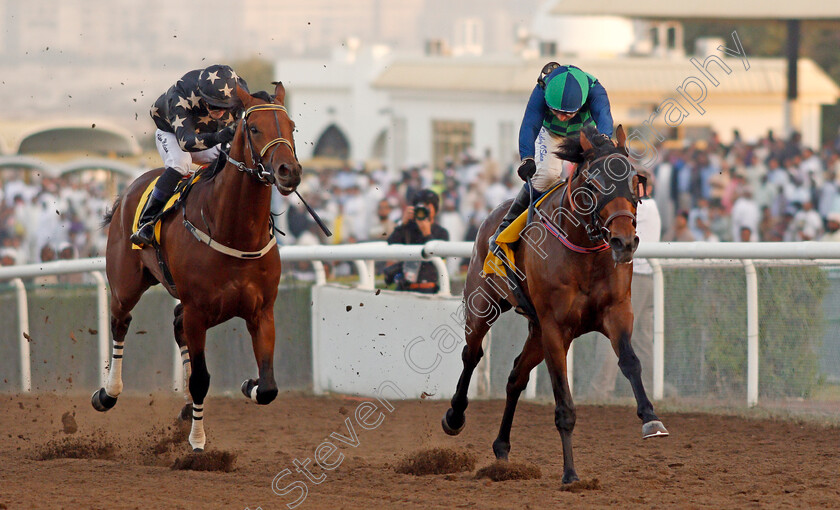 Cherkes-Pharoah-0004 
 CHERKES PHAROAH (right, Tadhg O'Shea) beats NEW DISCOVERY (left) in The Newbury Racecourse Maiden Jebel Ali 26 Jan 2018 - Pic Steven Cargill / Racingfotos.com