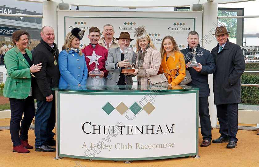 Blow-By-Blow-0013 
 Presentation to Michael O'Leary and family, Gordon Elliott and Donagh Meyler for The Martin Pipe Conditional Jockeys Handicap Hurdle won by BLOW BY BLOW Cheltenham 16 Mar 2018 - pic Steven Cargill / Racingfotos.com