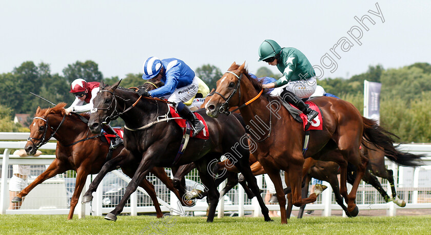 Elarqam-0002 
 ELARQAM (centre, Jim Crowley) beats EXTRA ELUSIVE (right) and ROYAL LINE (left) in The Davies Insurance Services Gala Stakes
Sandown 5 Jul 2019 - Pic Steven Cargill / Racingfotos.com