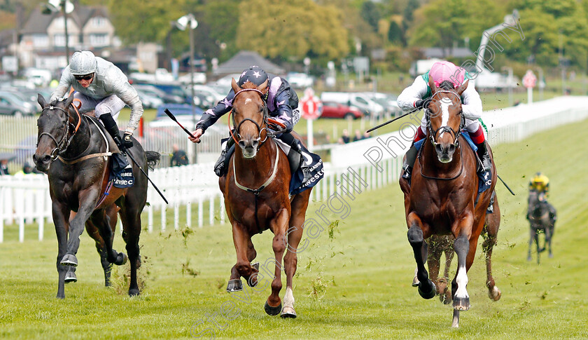 Crossed-Baton-0002 
 CROSSED BATON (right, Frankie Dettori) beats MY LORD AND MASTER (centre) and DEE EX BEE (left) in The Investec Blue Riband Trial Stakes Epsom 25 Apr 2018 - Pic Steven Cargill / Racingfotos.com