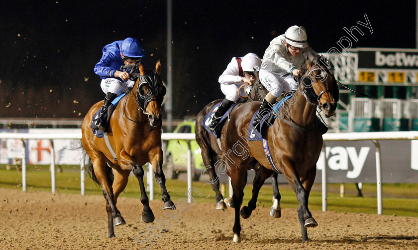 Never-Alone-0003 
 NEVER ALONE (left, Luke Morris) beats KING OF ARMS (right) in The Ladbrokes Football Acca Boosty Handicap
Wolverhampton 21 Feb 2020 - Pic Steven Cargill / Racingfotos.com