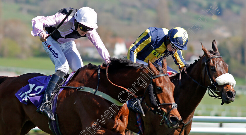 Traffic-Fluide-0001 
 TRAFFIC FLUIDE (left, Joshua Moore) beats KALONDRA (right) in The Barchester Healthcare Silver Trophy Chase Cheltenham 18 Apr 2018 - Pic Steven Cargill / Racingfotos.com