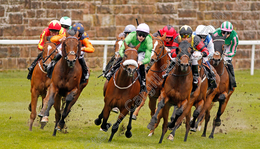 Spoof-0003 
 BIG TIME MAYBE (left) FORMIDABLE KITT (centre) and GLOBAL ACADEMY (right) lead the field into the straight for The Boodles Diamond Handicap won by SPOOF ((far right, green and pink, Callum Shepherd) Chester 9 May 2018 - Pic Steven Cargill / Racingfotos.com