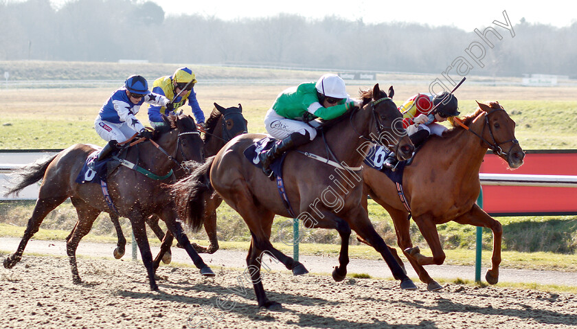 Rakematiz-0001 
 RAKEMATIZ (right, Callum Shepherd) beats HACKBRIDGE (centre) in The Betway Live Casino Handicap
Lingfield 23 Feb 2019 - Pic Steven Cargill / Racingfotos.com