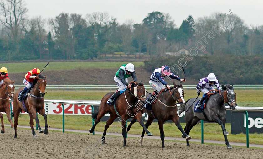 Noble-Behest-0002 
 NOBLE BEHEST (centre, Adam Kirby) beats LOST THE MOON (2nd right) and VOLPONE JELOIS (right) in The Betway Stayers Handicap Lingfield 20 Dec 2017 - Pic Steven Cargill / Racingfotos.com