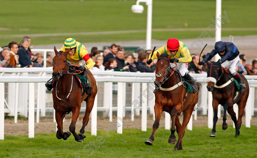 Herecomestheboom-0002 
 HERECOMESTHEBOOM (left, Paddy Brennan) beats AINCHEA (centre) in The Jockey Club Venues Standard Open National Hunt Flat Race Cheltenham 28 Oct 2017 - Pic Steven Cargill / Racingfotos.com