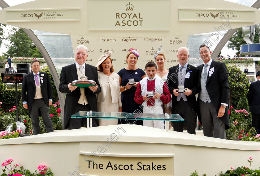 Lagostovegas-0012 
 Presentation by Craig Revel Horwood to John Donohue, Willie Mullins and Andrea Atzeni for The Ascot Stakes won by LAGOSTOVEGAS
Royal Ascot 19 Jun 2018 - Pic Steven Cargill / Racingfotos.com