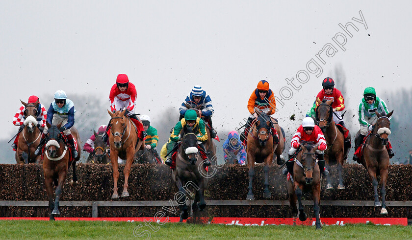 Coneygree-0001 
 Over the water jump in the Ladbrokes Trophy Chase (left to right) SOUTHFIELD ROYALE, MISSED APPROACH, DOUBLE ROSS, PRESENT MAN, POTTERS LEGEND, CONEYGREE, COGRY and BRAQUEUR D'OR, Newbury 2 Dec 2017 - Pic Steven Cargill / Racingfotos.com