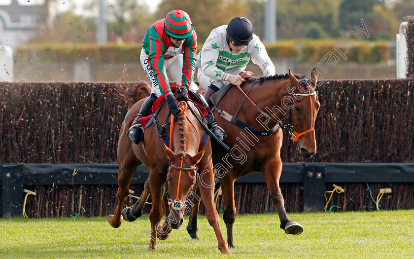 Exitas-0004 
 EXITAS (right, Conor Shoemark) beats VOLT FACE (left) in The Matchbook Betting Podcast Novices Handicap Chase Kempton 22 oct 2017 - Pic Steven Cargill / Racingfotos.com