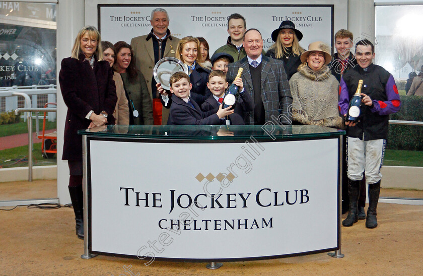 Back-On-The-Lash-0006 
 Presentation to Jonathan Burke, Martin Keighley and family and owners for The Steel Plate And Sections Handicap Hurdle won by BACK ON THE LASH
Cheltenham 25 Jan 2020 - Pic Steven Cargill / Racingfotos.com