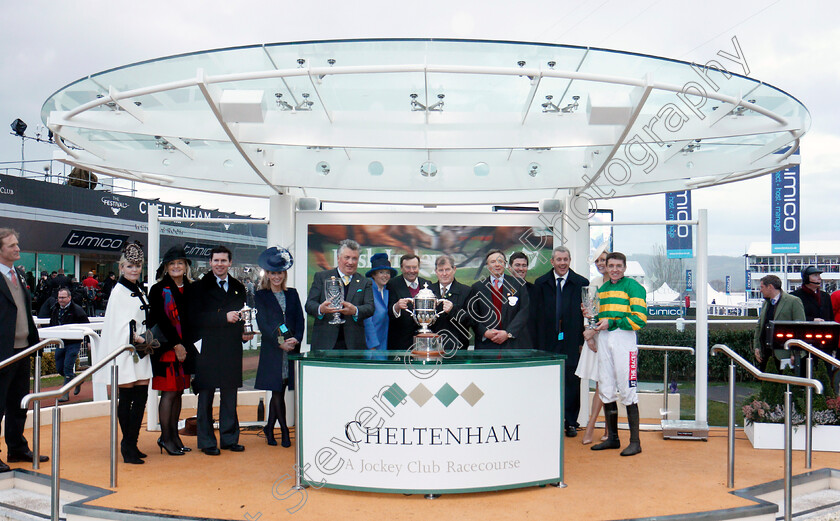 Le-Prezien-0007 
 Presentation by Nicky Henderson to J P McManus, Paul Nicholls and Barry Geraghty for The Johnny Henderson Grand Annual Challenge Cup won by LE PREZIEN Cheltenham 16 Mar 2018 - pic Steven Cargill / Racingfotos.com