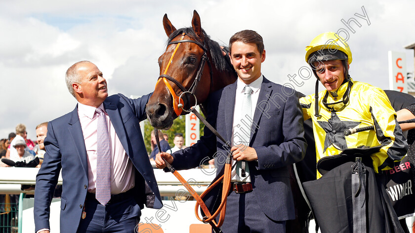 Caturra-0008 
 CATURRA (Adam Kirby) and trainer Clive Cox after The Wainwright Flying Childers Stakes
Doncaster 10 Sep 2021 - Pic Steven Cargill / Racingfotos.com