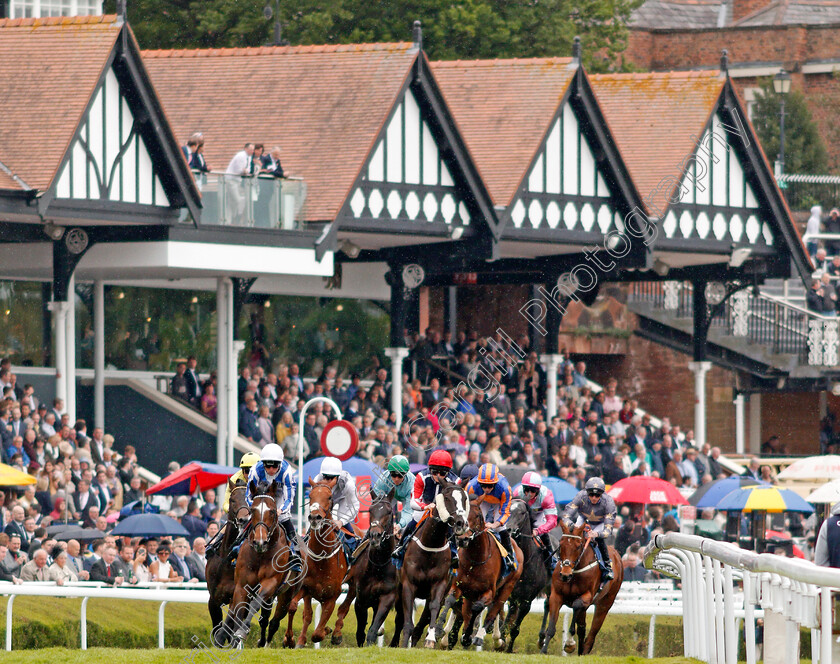 Chief-Ironside-0001 
 CHIEF IRONSIDE (left, Kieran Shoemark) leading with a circuit to run on his way to winning The Deepbridge Capital Maiden Stakes Chester 9 May 2018 - Pic Steven Cargill / Racingfotos.com